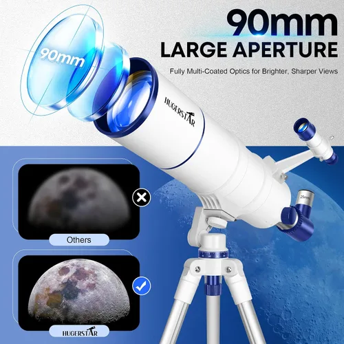 Vista 2 de Telescopio para adultos de alta potencia, apertura de 90 mm, telescopio refractor portátil de 550 mm para niños y principiantes de astronomía