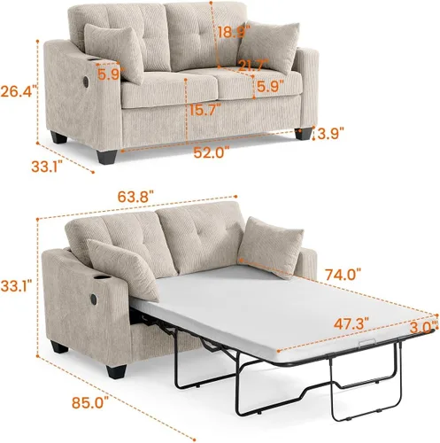 Vista 3 de CHIC HOUSE Sofá cama extraíble, sofá cama tamaño completo, sofá convertible 2 en 1 de pana con carga USB, sofá de espuma viscoelástica para sala