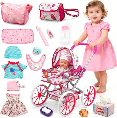 Vista 6 de Juego de Juguetes de Cochecito para Muñeca de Bebé con Muñeca de Bebé de 13'', Cama de Muñeca, Silla de Comedor, 26 Piezas de Accesorios para Muñeca