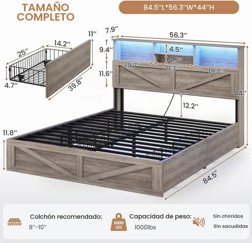 Vista 2 de VIAGDO Bastidor de cama estilo granja tamaño completo con cabecero de almacenamiento tipo librero, estación de carga y luces LED, bastidor de cama
