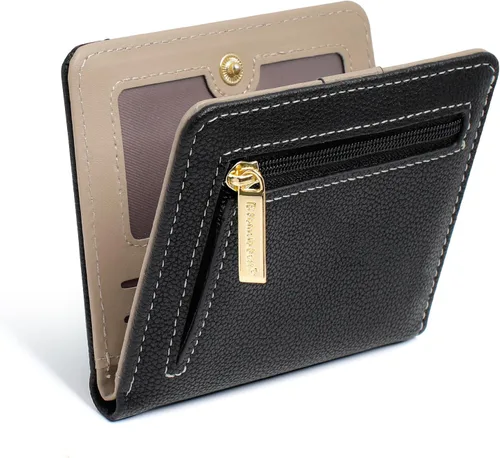 Vista 8 de Billetera pequeña para mujer, con bloqueo RFID, de piel, plegable, para tarjetas de crédito, con ventana de identificación, con cremallera, bolsillo