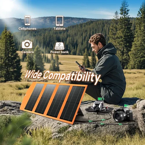 Vista 5 de Cargador de panel solar portátil de 30 W con salidas USB y tipo C (5 V/3 A máximo) para teléfonos, bancos de energía, tabletas, carga rápida 2