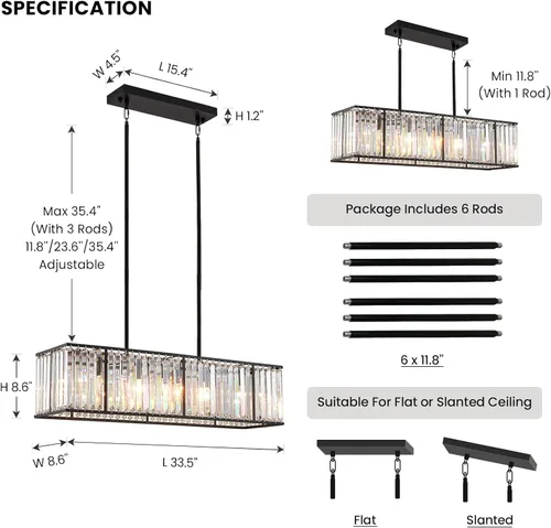 Vista 7 de Siljoy Candelabro rectangular moderno de cristal, 5 luces, color negro, rectangular, con forma de gota de lluvia, lámpara de techo colgante lineal