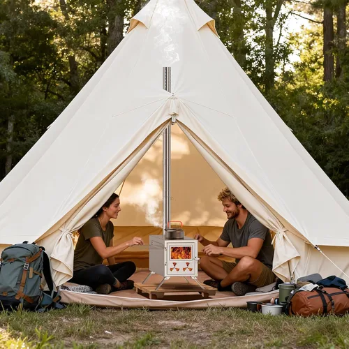 Vista 2 de Estufa de tienda de campaña caliente, estufa de leña para tienda de campaña, estufa de leña portátil de acero inoxidable con 7 tubos de chimenea