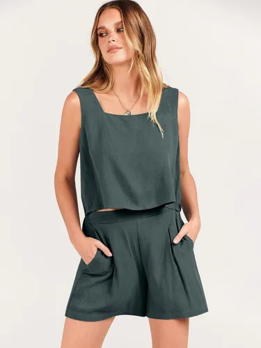 Vista 5 de ANRABESS Conjunto de 2 piezas de lino con cuello cuadrado y pantalones cortos para mujer, ropa de moda para playa y verano
