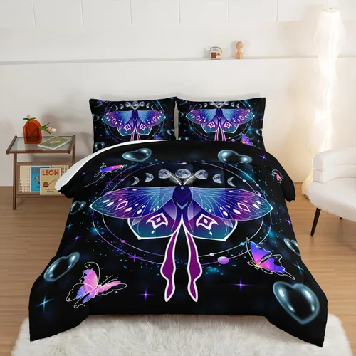 Vista 2 de Juego de edredón de mariposa HOSIMA con 2 fundas de almohada, edredón de galaxia con cielo estrellado lunar, decoración de habitación de mariposas