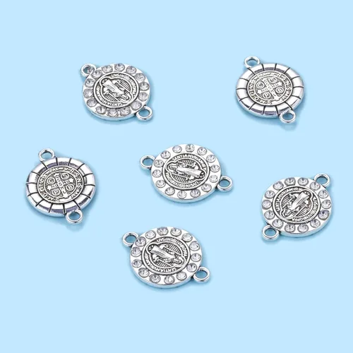 Vista 4 de 20 piezas de diamantes de imitación de plata antigua para uso religioso de San Benito Medallón de Pulsera Conector de Cuentas Redondas de Enlace