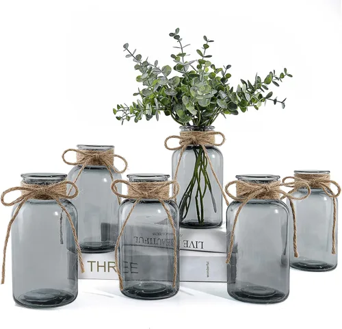 Vista 14 de Jarrones de vidrio vintage para flores, juego de 3 jarrones transparentes para centro de mesa de boda estilo granja, botella cilíndrica