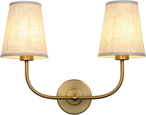 Vista 6 de Apliques de pared de 2 luces con embudo de tela de lino, lámparas de pared de doble luz para dormitorio, sala de estar, tocador, baño, pasillo
