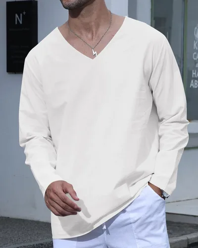 Vista 5 de MyDearie Camisa casual de lino con cuello en V para hombre, manga larga, hippie, playa, camiseta sólida ligera para yoga tropical