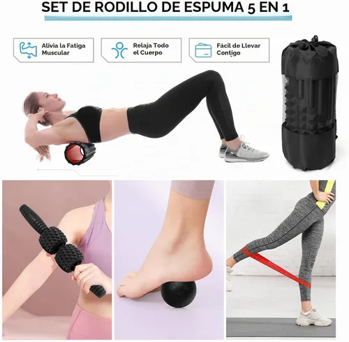 Vista 7 de Juego de rodillos de espuma 5 en 1, rodillo de ejercicio Rodillo de masaje de tejido profundo, bola de masaje, banda de resistencia para pilates