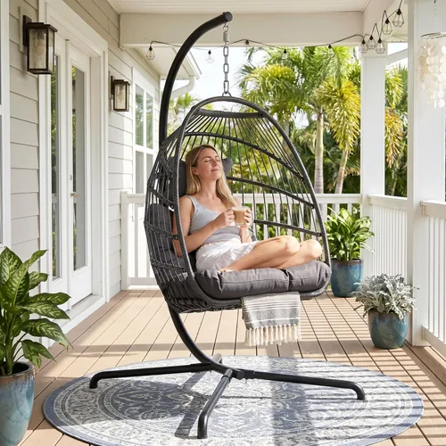 Vista 11 de RADIATA Silla de huevo al aire libre con soporte, silla colgante de mimbre Dorado/Beige