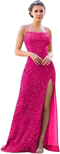Vista 9 de Vestidos de fiesta de lentejuelas con abertura, tirantes delgados, largo sirena, brillante, sexy, sin espalda, vestido de fiesta