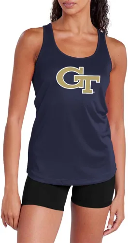 Vista 123 de Camiseta deportiva sin mangas oficial de NCAA Collegiate para mujer, con espalda cruzada, colección con logotipo primario