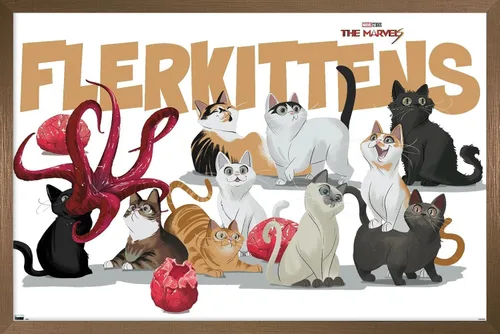 Vista 13 de Marvel The Marvels - Póster de pared de Flerkittens, 22.4 pulgadas de largo x 14.7 pulgadas de ancho, versión enmarcada de madera de granero