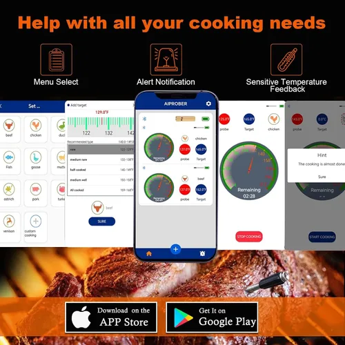 Vista 6 de Termómetro inalámbrico de carne para asar y ahumar, termómetro Bluetooth de 800 pies con sonda de doble sensor, termómetro de alimentos
