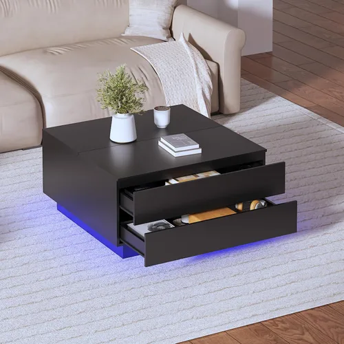 Vista 8 de HedoAjim Mesas de centro cuadradas con almacenamientos, moderna mesa de centro negra para sala de estar, mesas de centro de tapa abatible y 2