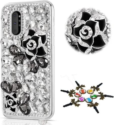 Vista 2 de Sparkle - Funda compatible con Samsung Galaxy Z Fold 3 5G, elegante funda 3D hecha a mano con diamantes de imitación de camelia, color negro