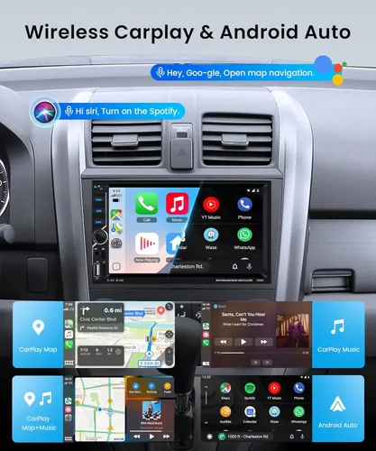 Vista 3 de Estéreo de coche doble DIN con CarPlay Android Auto, radio de pantalla táctil de 7 pulgadas, unidad principal universal de 2 DIN Bluetooth 5.0 FM
