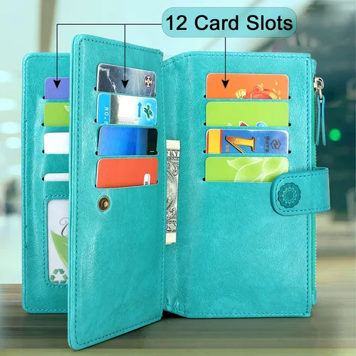Vista 4 de Harryshell Funda de piel desmontable con cremallera magnética con bolsillo para monedas, 12 ranuras para tarjetas, correa de muñeca, cordón
