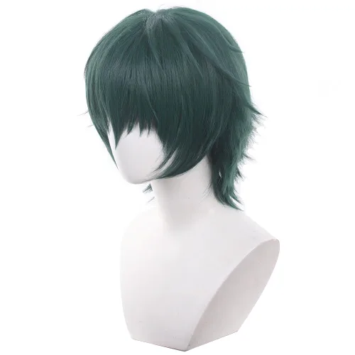 Vista 2 de Peluca de anime para cosplay, pelo sintético resistente al calor con gorra de peluca para fiesta de Halloween, Comic Con (verde oscuro-corto)
