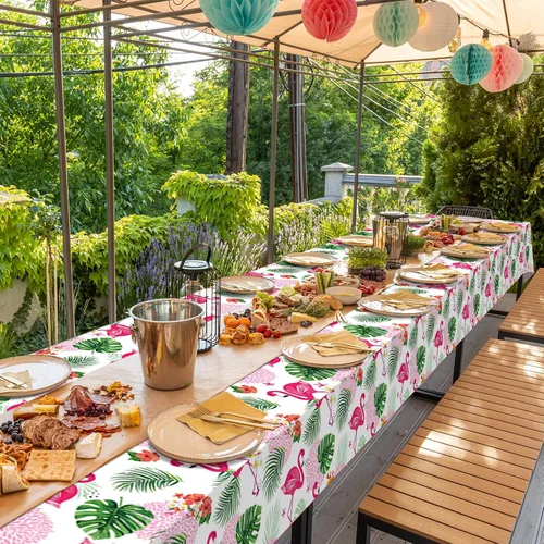 Vista 8 de Paquete de 3 manteles de verano con diseño de flamenco para fiestas, mantel de plástico tropical hawaiano, mantel desechable Luau para verano