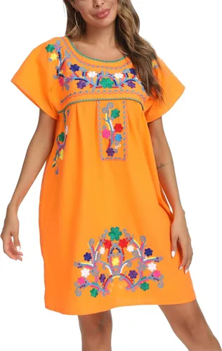 Vista 8 de YZXDORWJ - Vestido mexicano bordado de manga corta para mujer