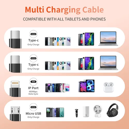 Vista 2 de Cable de carga múltiple, doble tipo C, cable de carga múltiple de nailon trenzado 4 en 1, cable de carga multi USB con puertos IP/tipo C/micro USB