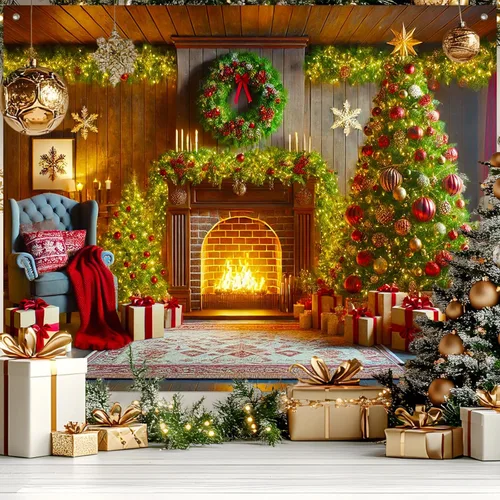 Vista 11 de HOMETITUTE Pancarta de Navidad de Papá Noel 8 x 6 pies Lista de Regalos Telón de Fondo Fiesta Navideña Fondo Árbol Muñeco de Nieve Bicicleta