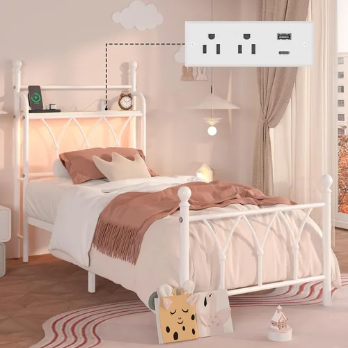 Vista 10 de E-Ser Marco de cama de plataforma de metal tamaño twin con cabecera de almacenamiento, marco de cama con luz LED, estación de carga integrada