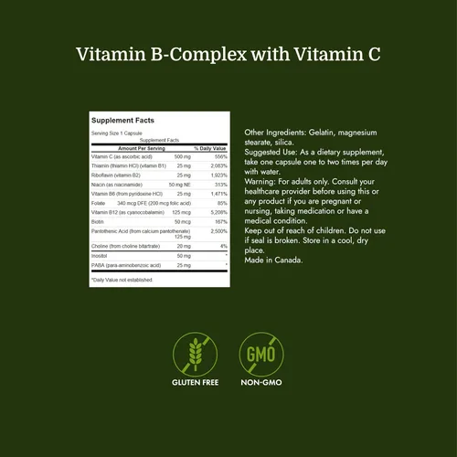 Vista 4 de Swanson Complejo B Super Stress con vitamina C para profesionales propensos al estrés que buscan energía y apoyo inmunológico (100 cápsulas)