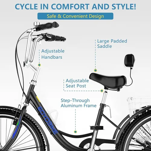 Vista 4 de NAIZEA Triciclo para adultos, bicicleta de crucero de tres ruedas de 7 velocidades, triciclos para adultos de 20/24/26 pulgadas, bicicletas de 3