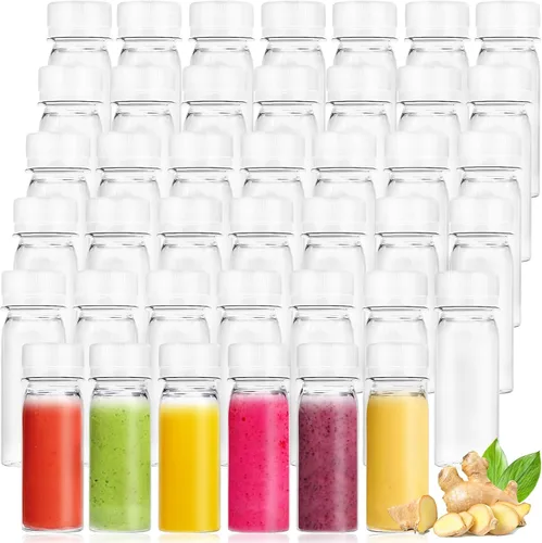 Vista 8 de Xuyyicao 30 Piezas Botellas Pequeñas de Plástico de 2 Oz para Líquidos, Botella para Shot de Jengibre con Tapas, Recipientes de Bebidas Negro