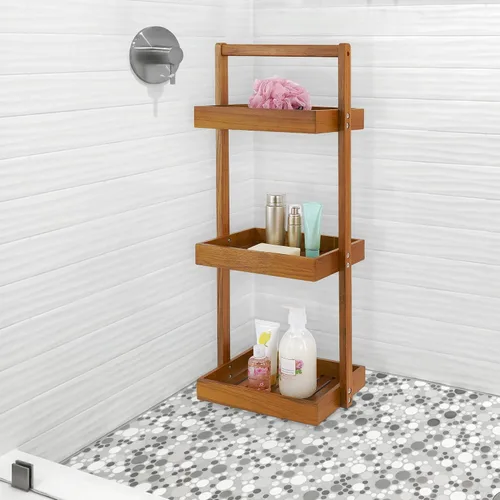 Vista 4 de Utoplike Tapete de baño de madera de teca de 3 niveles para ducha, 24 x 16 pulgadas