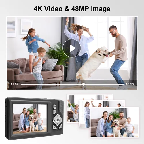Vista 6 de Cámara digital para niños, adolescentes y principiantes - 1080P FHD 48MP, LCD de 2.83 pulgadas, zoom digital 18X y antivibración, tarjeta SD de 32