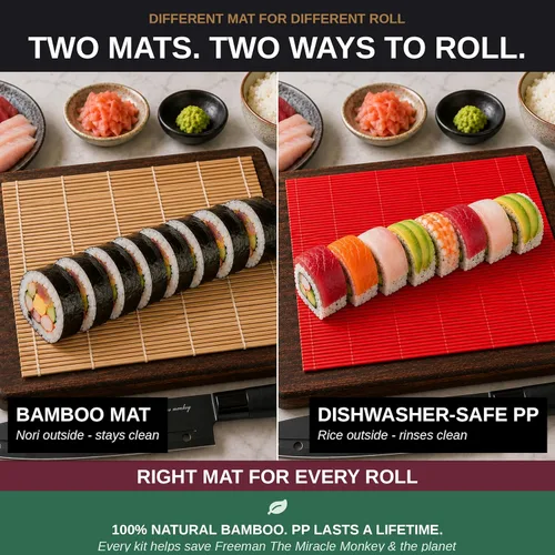 Vista 5 de Kit de fabricación de sushi de mono albino con bazuca, tapete de bambú y curso de sushi gratis Cuchillo Pro Sashimi, molde Nigiri y 5 pares