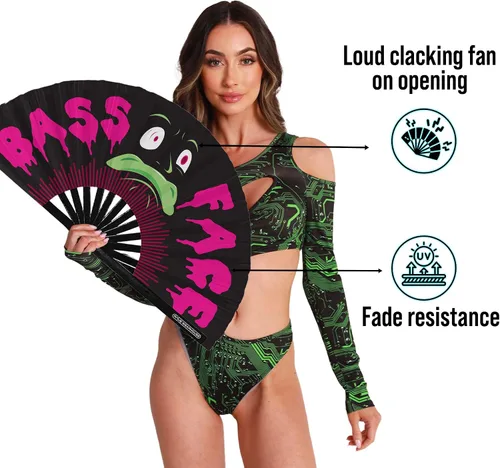 Vista 5 de Rave Wearhouse Rave Fan - Ventilador de mano plegable de bambú grande con brillo UV para hombres/mujeres, fanáticos para EDM, festival de música