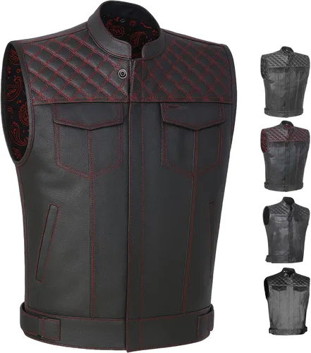 Vista 13 de Jackets 4 Bikes SOA Chaleco de Motocicleta para Hombre, Cuero Genuino de Búfalo, Armadura Trasera, Bolsillos Interiores, Chalecos de Club de Negro