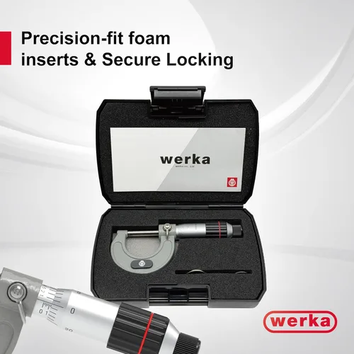 Vista 7 de Werka Micrómetro exterior profesional, rango de 0-1 pulgada con graduaciones de 0.0001 pulgadas, herramienta de medición de precisión con tope