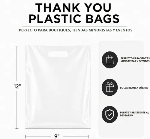 Vista 2 de Paquete de 200 bolsas de plástico blancas de 9 x 12 pulgadas con asas troqueladas