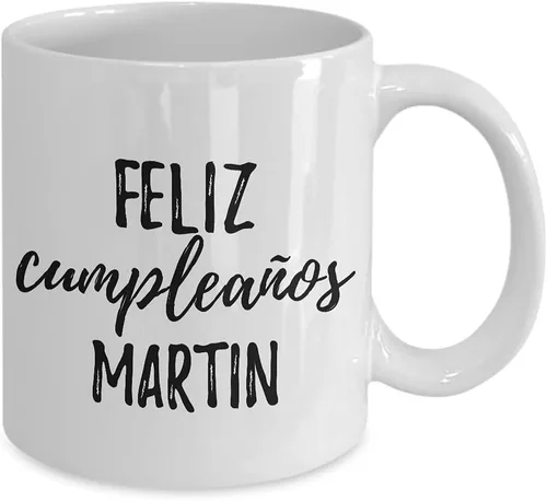Vista 2 de Feliz Cumpleanos Martin Mug Spanish Happy Birthday Personalized Name Gift Coffee Tea Cup 11 oz