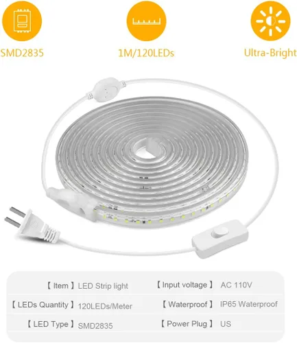 Vista 2 de Luces de Cuerda LED de 6.56 pies para Exteriores, Luces de Cuerda LED Cortables de 110V para Exteriores Impermeables 6500K para Interiores