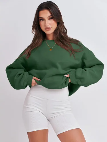 Vista 3 de ANRABESS Sudadera de manga larga para mujer, casual, cuello redondo, ajuste holgado, sudadera con capucha de forro polar para otoño