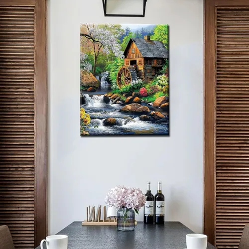 Vista 2 de Pintura por números, cabaña del bosque rodeada de flores y árboles, pintura sobre lienzo con pinceles, pinturas acrílicas, perfectas para pintar por