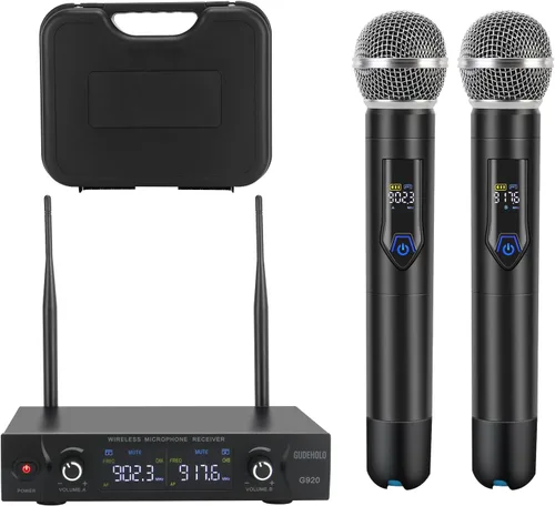 Vista 9 de Sistema de Micrófono Inalámbrico con Estuche, Micrófono Inalámbrico de Metal UHF de Mano Dual de 20 Canales Sistema de Micrófono Inalámbrico
