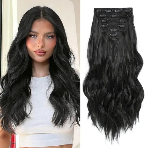 Vista 9 de Extensiones de cabello con clip para mujer, mezcla negra oscura con reflejos marrón claro, 20 pulgadas, 6 piezas, extensiones de cabello largo