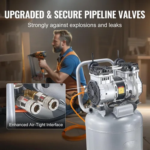 Vista 5 de VEVOR Compresor de aire de 13 galones, 2 HP, 4.6 SCFM a 90 PSI, tanque sin aceite, funcionamiento silencioso de 66 dB, ideal para inflar neumáticos