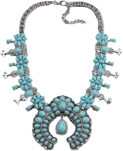 Vista 5 de Collar Olsen Twins, con piedras, flores de calabaza, estilo boho, de moda, clásico, de plata, bohemio, bisutería, turquesa