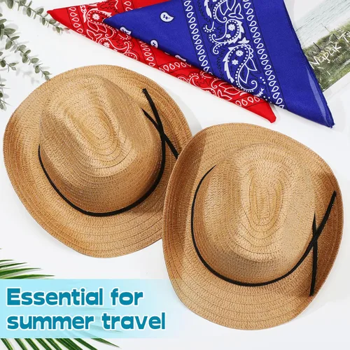 Vista 2 de SATINIOR Juego de 12 sombreros de vaquero de paja para niños con bandanas, disfraz de vaquero para fiesta occidental (caqui), Caqui