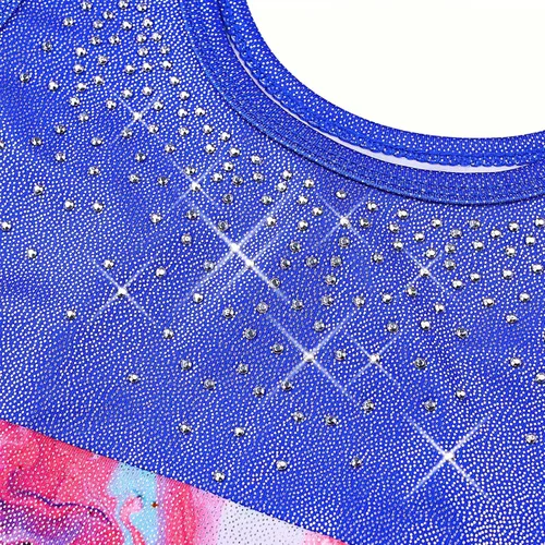Vista 4 de TFJH E Leotardos de gimnasia para niñas, disfraces de danza de diamantes brillantes, trajes de práctica con espalda cruzada